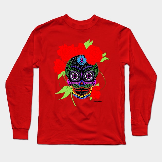 sugar skull in frida kahlo style ecopop pattern mandala Long Sleeve T-Shirt by jorge_lebeau